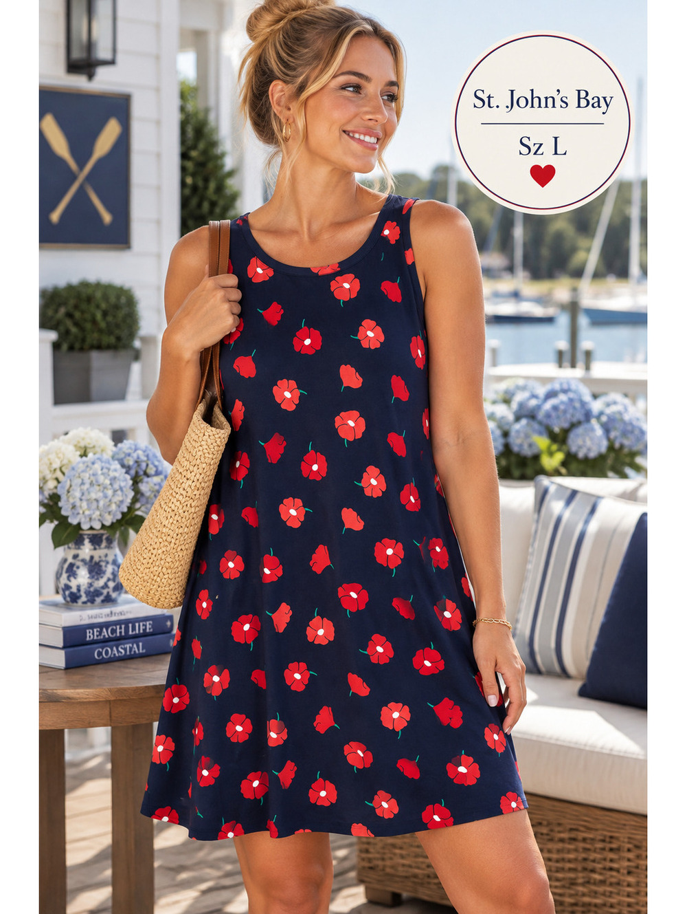 St. John's Bay | L | Navy Poppy Print Tank Dress